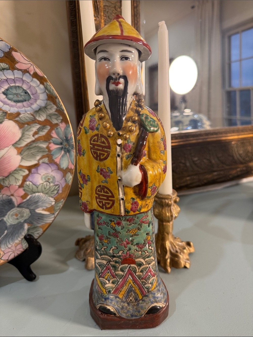 Hand-Painted Yellow and Green Porcelain Figurine - Decorative Home Art